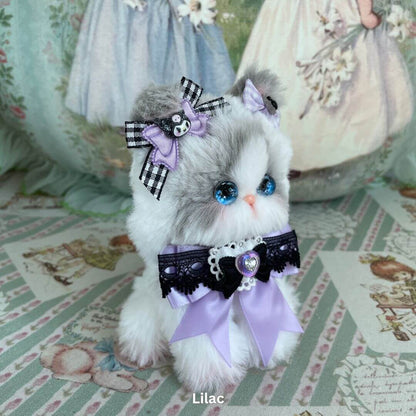 Handmade Enchanted Big Paws kitten plush with lilac bows, perfect for home or car decor and ideal gift for cat lovers.