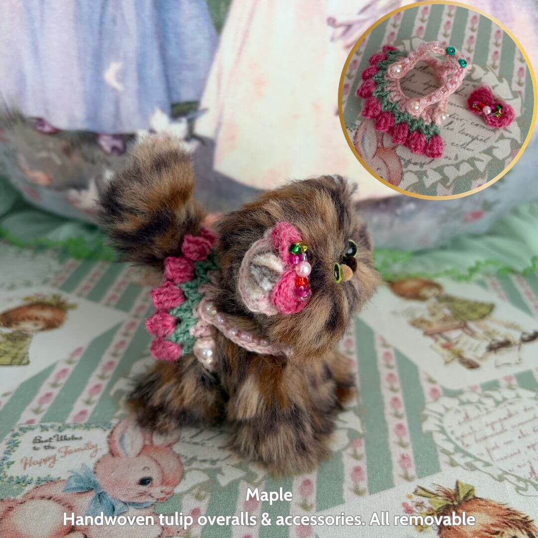 Spring Love Limited Collection handmade kitten wearing removable tulip overalls, fluffy fur, cute details, and vibrant colors.