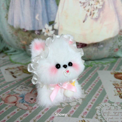 Adorable handmade puppy from the Cosplay Puppy Collection, featuring fluffy white fur, pink cheeks, and a frilly collar.