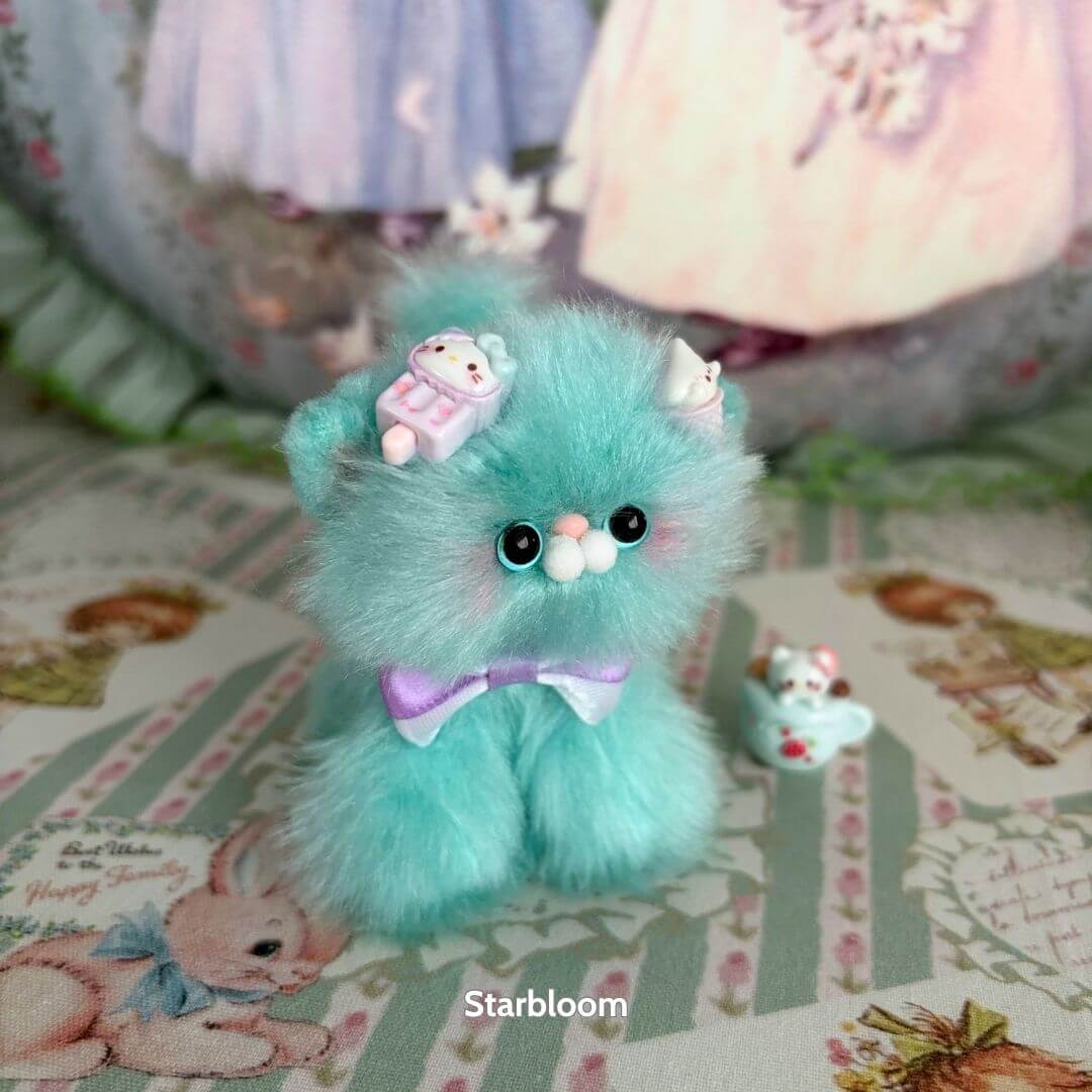 Glossy Meowgic Collection - fluffy turquoise handmade kitten with cute accessories, kawaii style, miniature collectible cat figurine.