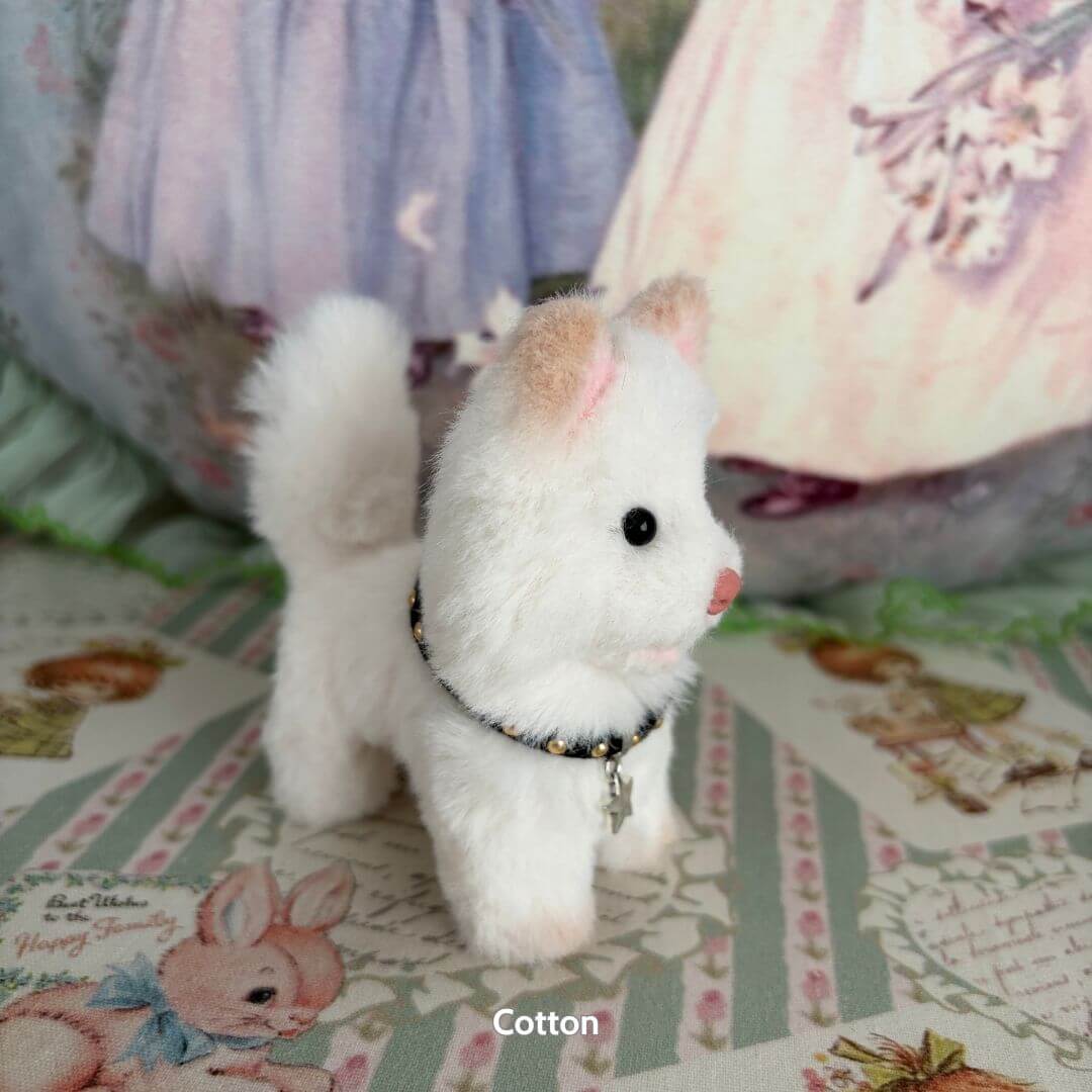 Lifelike Puppy Collection: handmade fluffy white puppy figurine with collar, standing pose, soft textures, and realistic details.