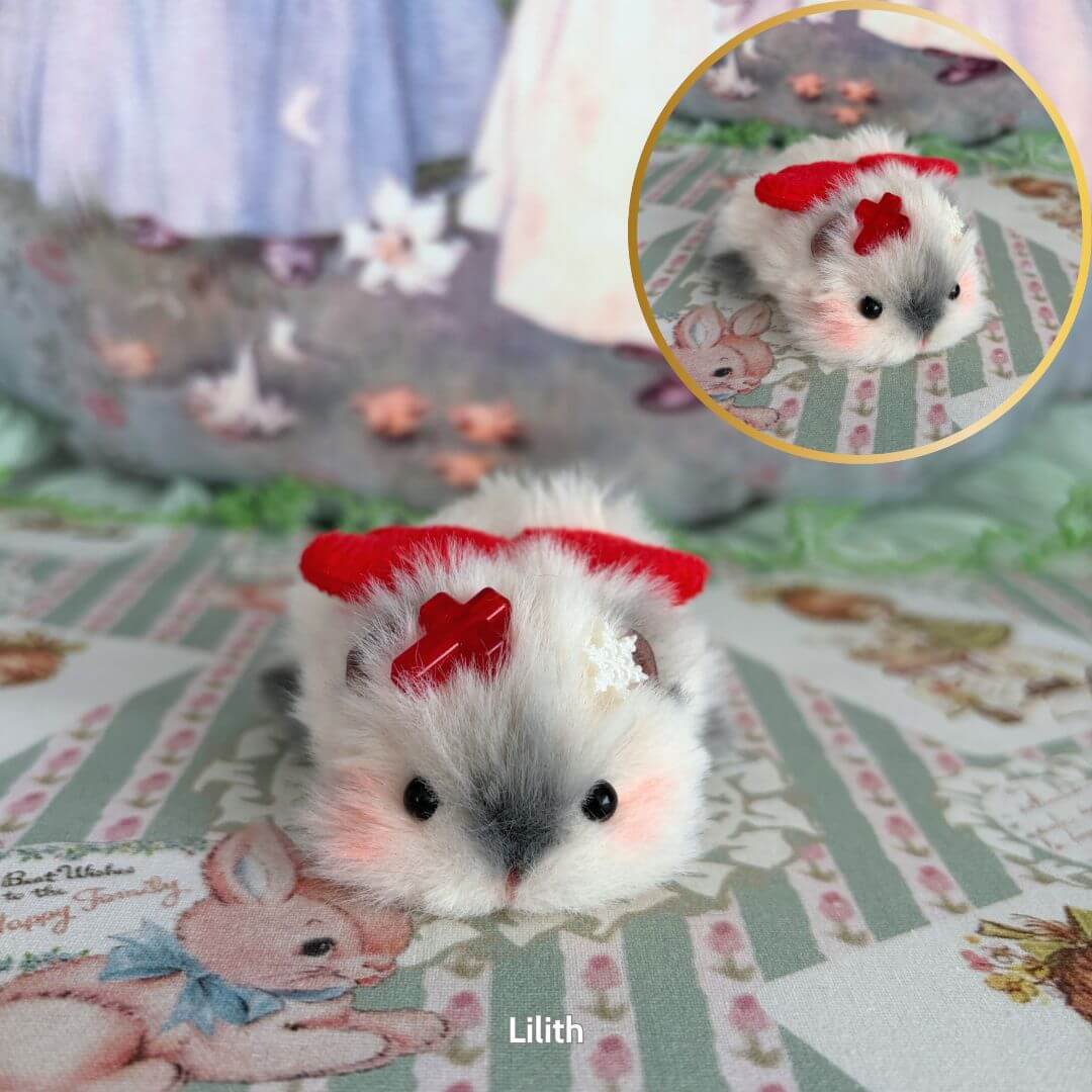 Lying Hamsters Figurines featuring a handmade, fluffy hamster with a red accessory, soft pastel colors, and a cute pose.