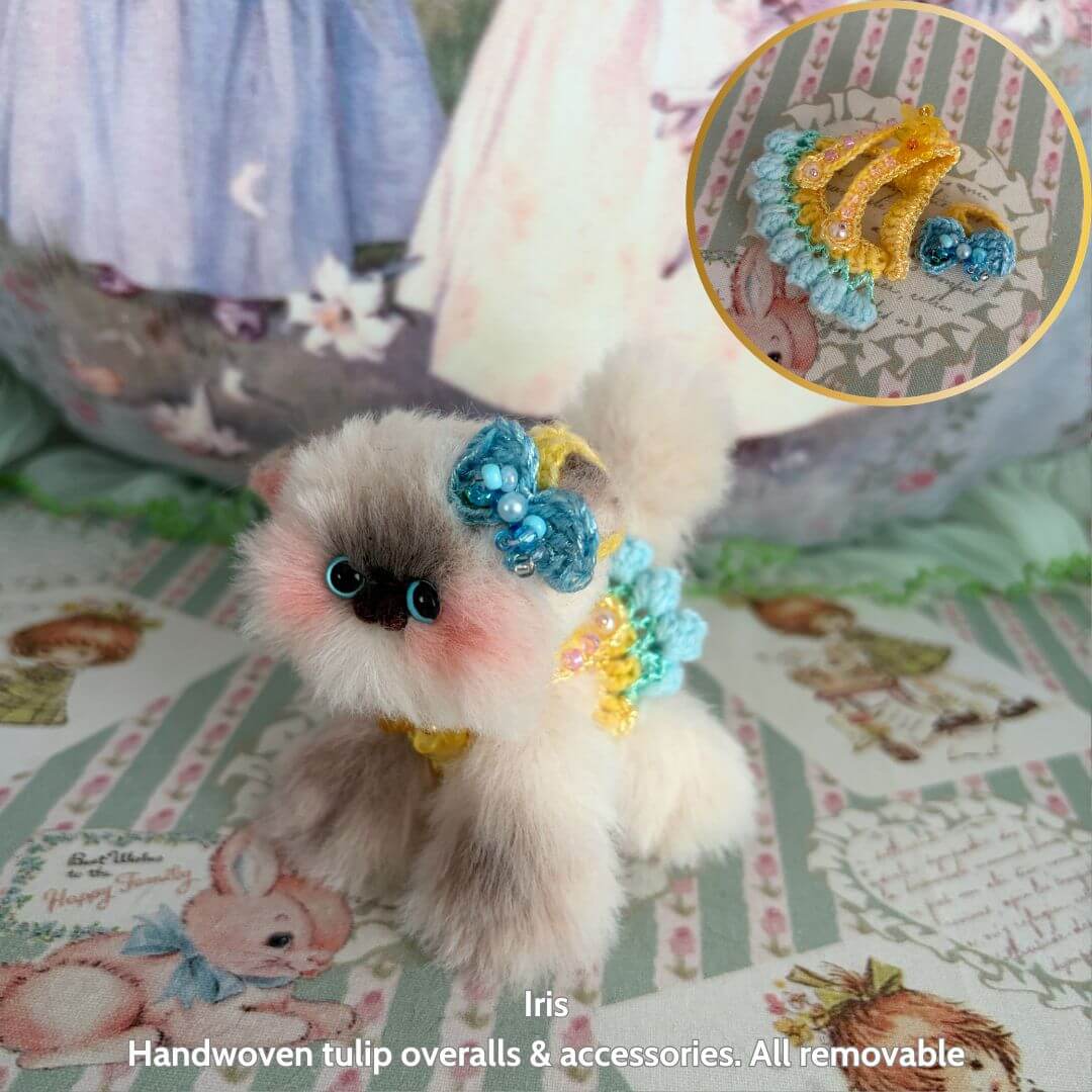 Handmade kitten from Spring Love Limited Collection, fluffy cat figurine dressed in colorful tulip overalls, sweet and cute.