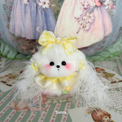 Cosplay Puppy Collection - Handmade fluffy white puppy figurine with yellow bow and cute outfit, perfect collectible.