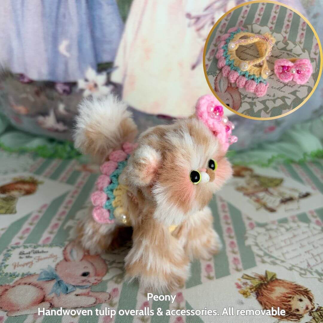 Spring Love Limited Collection cute fluffy kitten figurine in pink and teal outfit with bow, handmade in UK, collectible animal decor.
