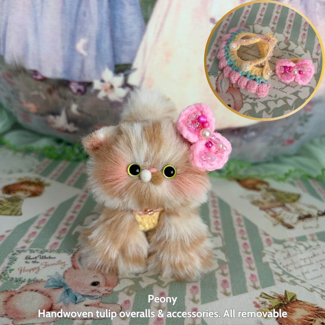 Handmade kitten from the Spring Love Limited Collection; fluffy cat figurine in pink accessories, cutely posed with an adorable bow.