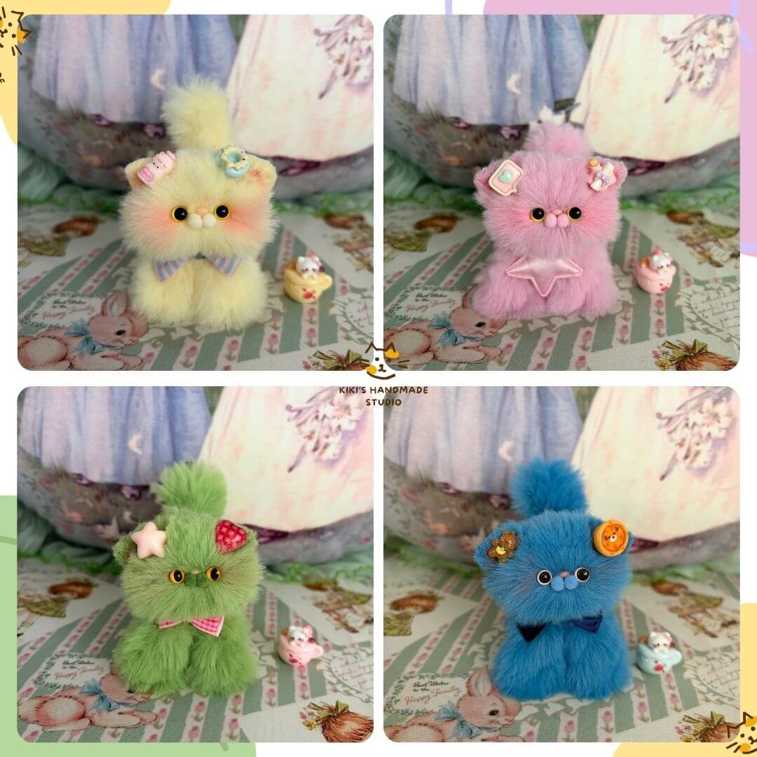 Two sets of fluffy handmade kittens in pastel colors: yellow with bows, pink with fruit accessories, green and blue counterparts, cute collectible decor from the Fruity Kitten Collection.