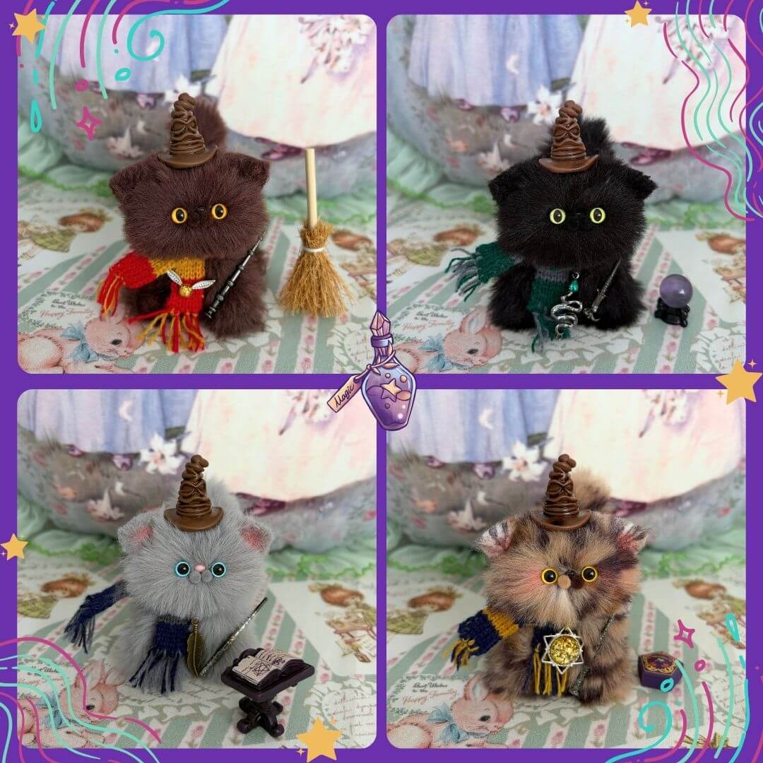 Magic Kitty Companions, fluffy kittens in wizard hats, handmade with cute details, colorful soft fur, collectible fantasy decor.