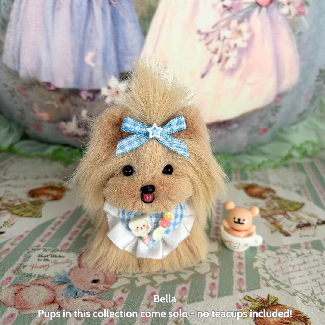 Fluffy Puppy Collection: handmade beige puppy figurine with blue bow and accessories, cute collectible animal decor.