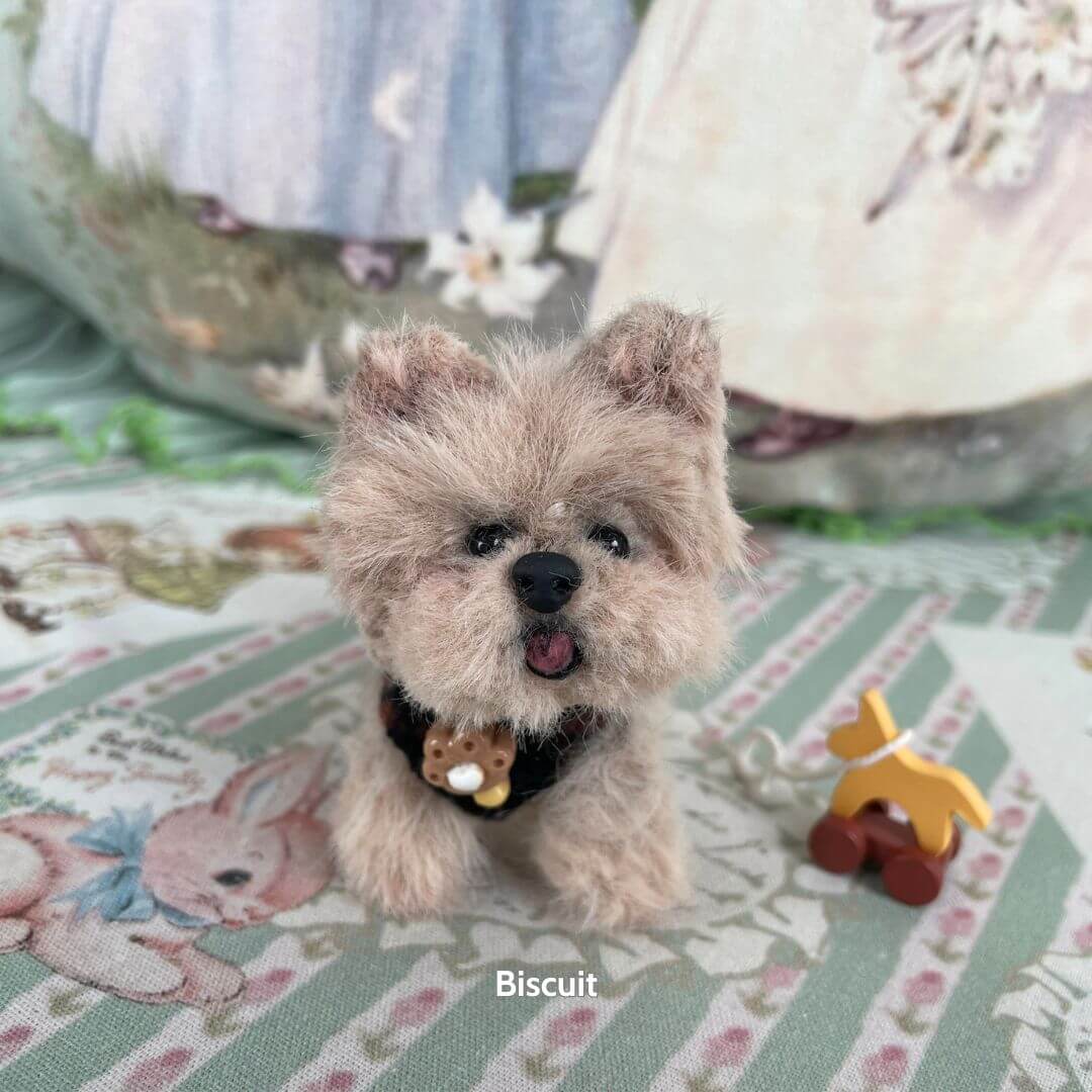 Fluffy Puppy Collection, handmade miniature Yorkshire Terrier figurine with soft fur, wearing a collar, sitting beside toys.