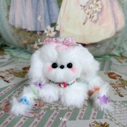Cosplay Puppy Collection: fluffy white puppy doll with pink bow, colorful decorations, cute character outfit, handcrafted in UK.