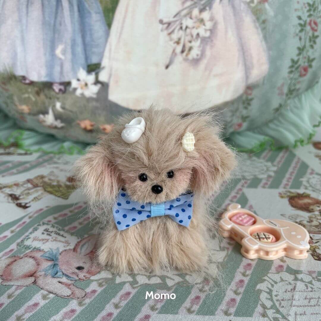 Fluffy Puppy Collection - adorable beige handmade toy dog with blue polka dot bow, charm accessories, and soft faux fur.