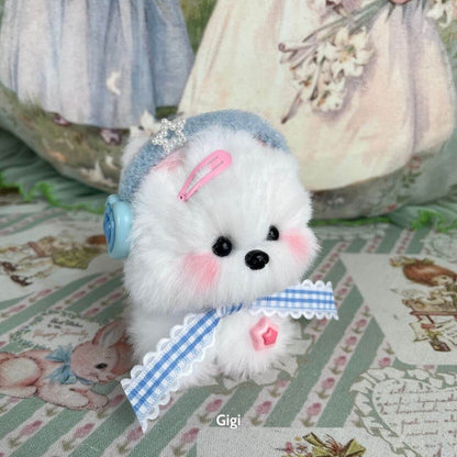 Adorable handmade puppy from the Cosplay Puppy Collection, featuring fluffy white fur, blue accessories, and a cute style.