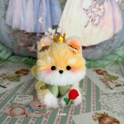 Cosplay Puppy Collection - fluffy puppy with a crown, cute accessories, and a rose, set on patterned pastel background.