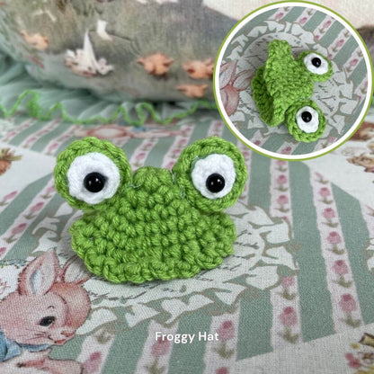 Handmade froggy hat for plush toys, featuring cute design for kittens or puppies. Ideal accessory from Snuggle Bits collection.