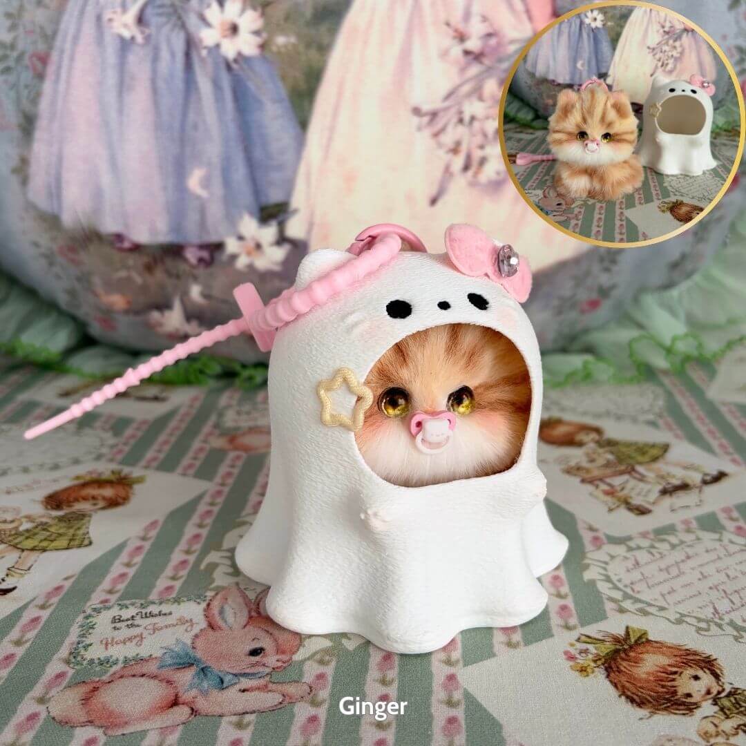 Cute ginger fluffy kitten figurine in a ghost costume with a pink bow, from the Cosplay Kitten Collection, handmade in UK.