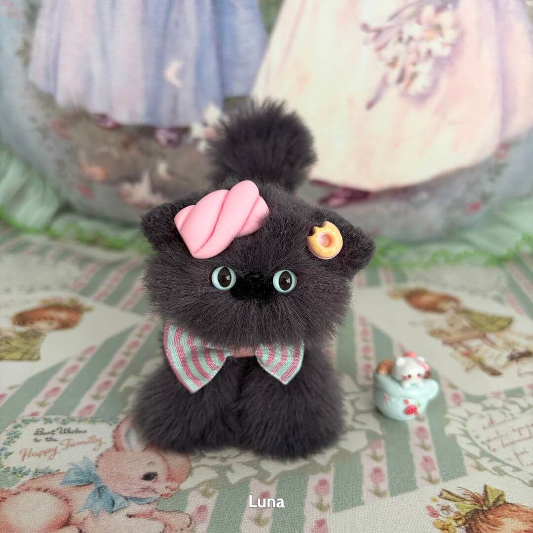 Grey Kitten Collection - fluffy black kitten figurine with a pink bow and cupcake accessory, handmade in UK, cute collectible.
