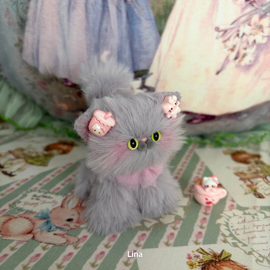 Grey Kitten Collection: cute fluffy grey kitten with pink bow and dessert accessories, handmade animal figurine from UK.