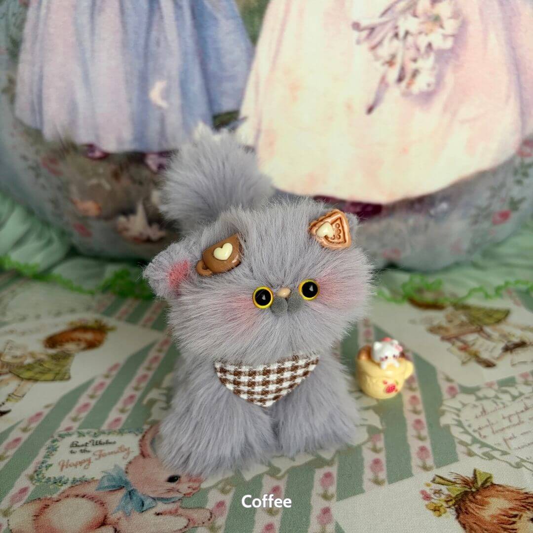 Handmade kitten from the Grey Kitten Collection, fluffy grey with cute accessories, miniature cat figurine, kawaii style.