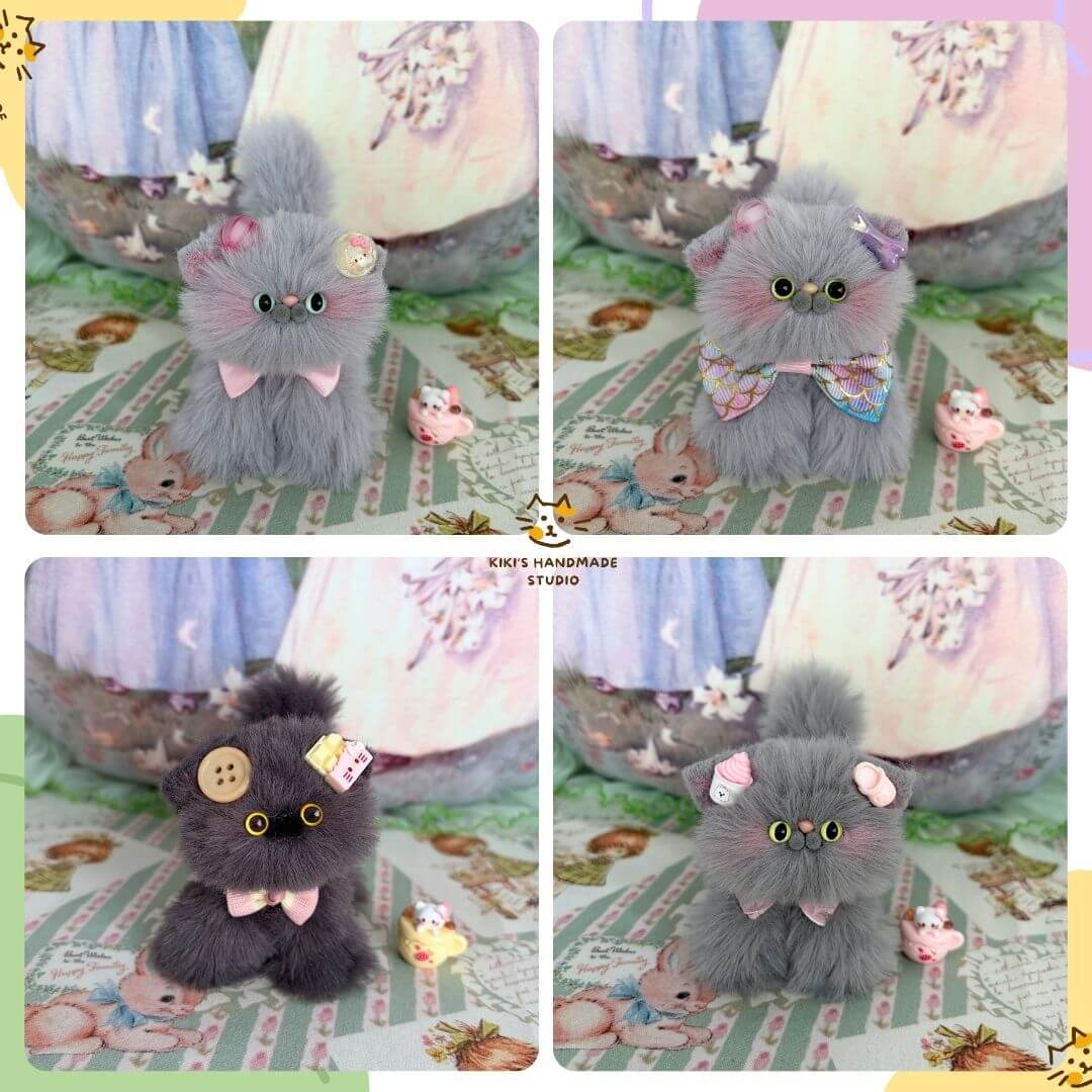 Adorable handmade kittens from the Grey Kitten Collection, featuring fluffy grey fur and whimsical accessories.