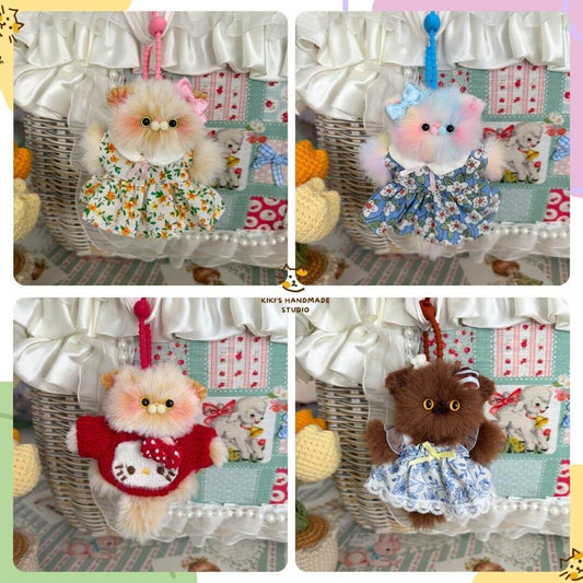 Adorable Pawsh Pendants featuring handmade kittens in floral dresses and cozy outfits, each crafted with love in the UK.