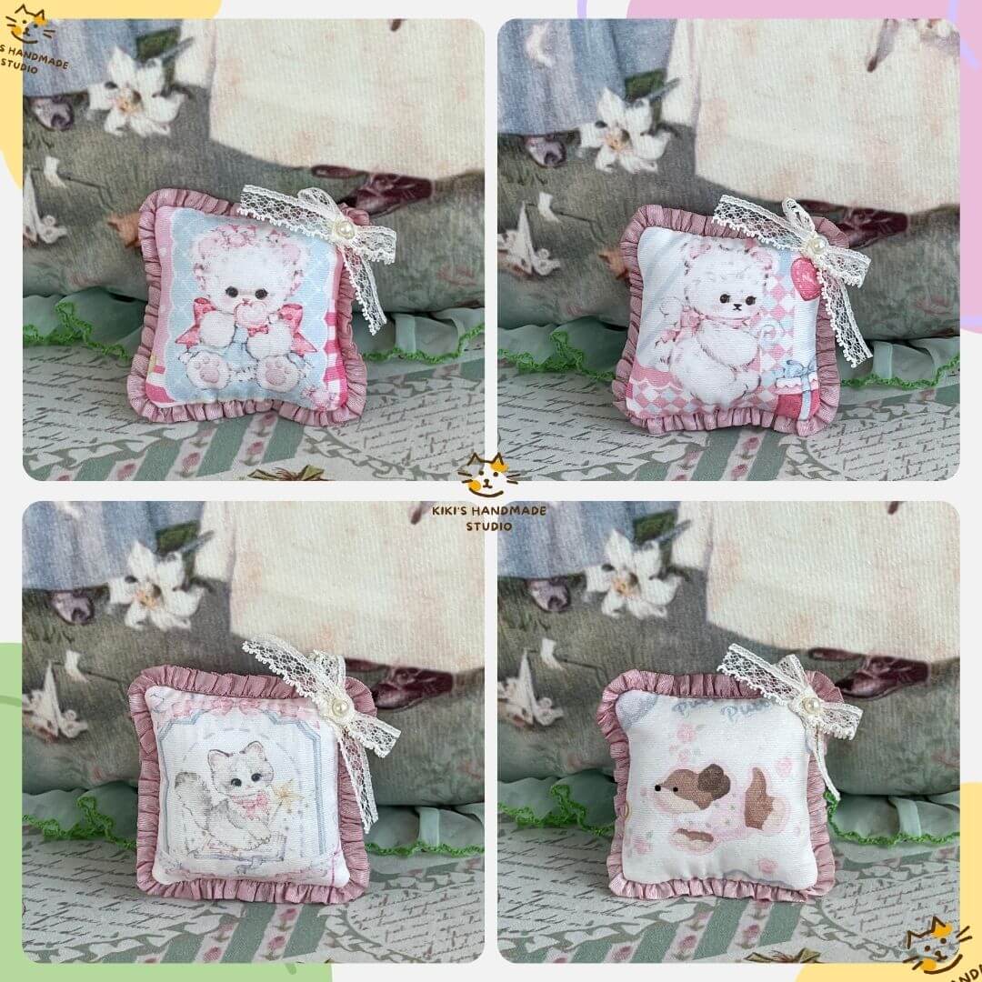 Handmade tiny cuddle critter cushions with hand-stitched bow, featuring kitten and puppy designs; perfect plush toys or decor gifts.
