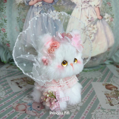 Enchanted Big Paws Collection: cute fluffy kitten figurine in bridal attire with flowers and lace, handmade in UK.