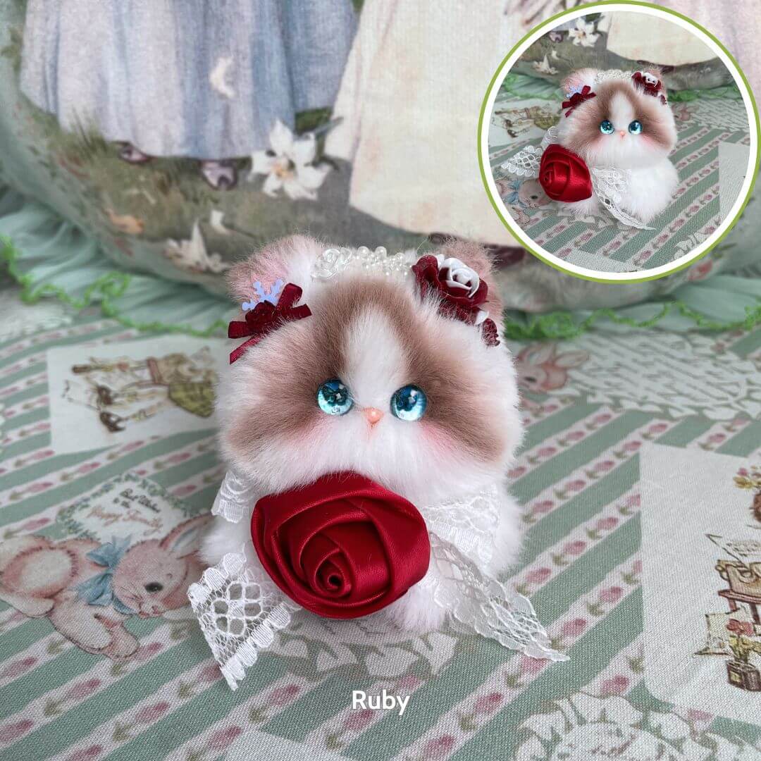 Handmade kitten from Blossom Kitten Collection, fluffy cat figurine with rose and lace, kawaii style in pastel colors.