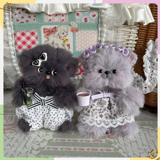 Handmade plush tea time kittens with accessories, featuring high-quality fur and unique designs, perfect for decoration or gifts.