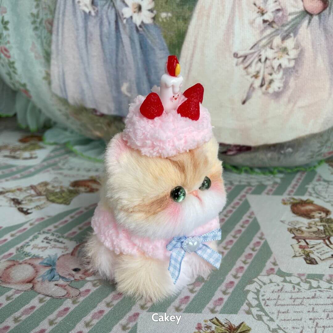 Mewlicious Collection handmade kitten figurine in pink with dessert hat, fluffy cat with cute details, collectible kawaii cat.