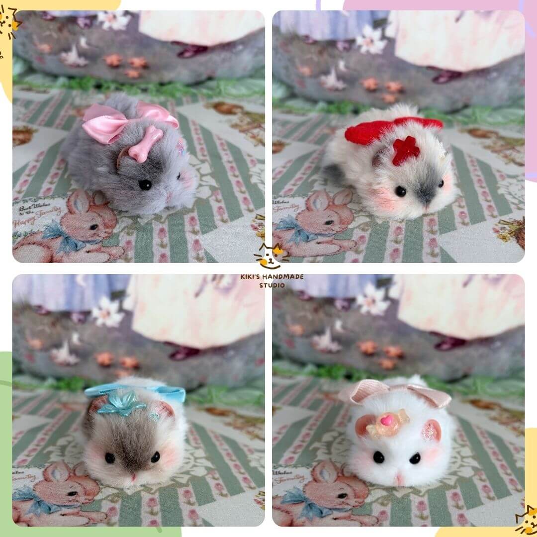 Lying Hamsters Figurines featuring fluffy hamsters in pastel colors with bows, cute poses, and decorative hearts on a playful backdrop.