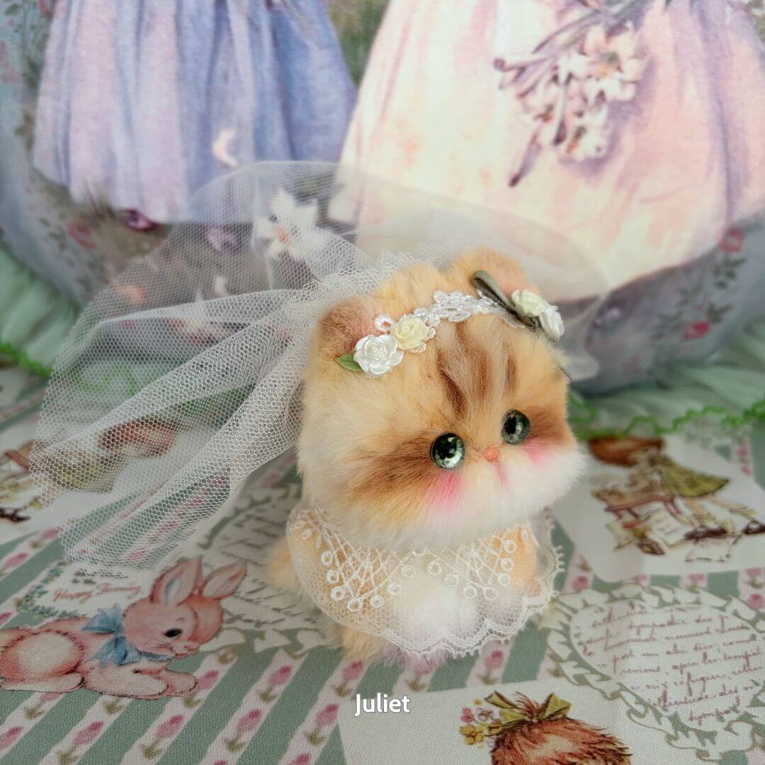 Alt Tag: adorable handmade kitten with wedding veil and lace dress, part of the Cosplay Kitten Collection, styled for fantasy charm