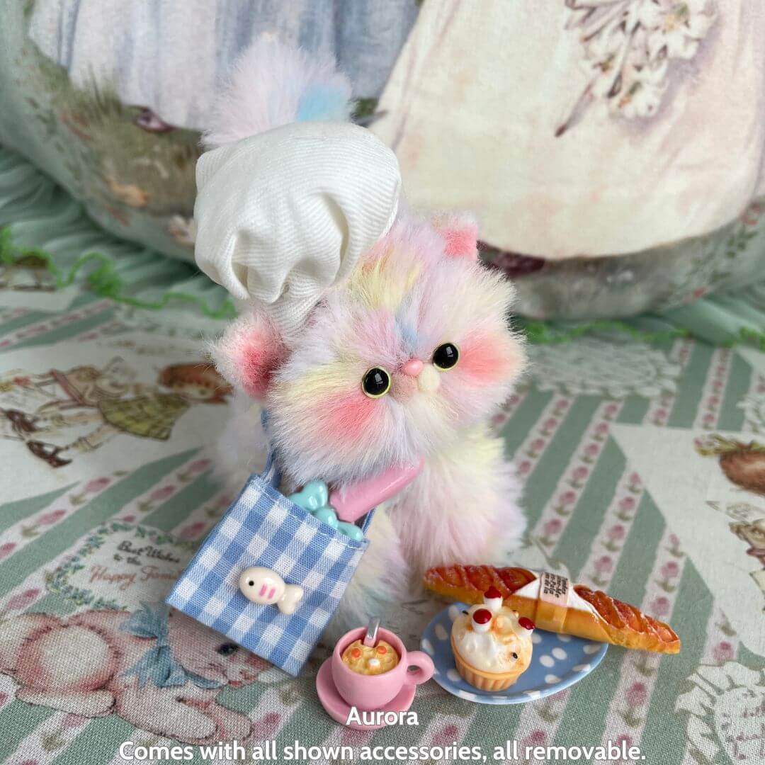 Purrfect Chef Kitten Sets featuring a fluffy pastel kitten with chef hat, mini cooking tools, and adorable plated desserts.