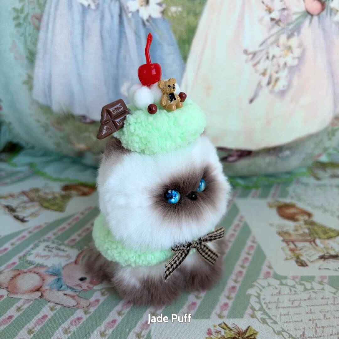 Mewlicious Collection - Fluffy kitten figurine in mint green dessert theme with cherry and bear, handmade in UK, kawaii style.