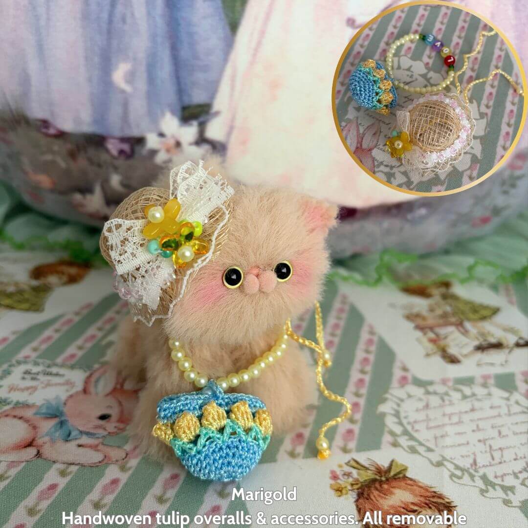 Handmade kitten from Spring Love Limited Collection, fluffy and kawaii, wearing tulip overalls with decorative accessories.