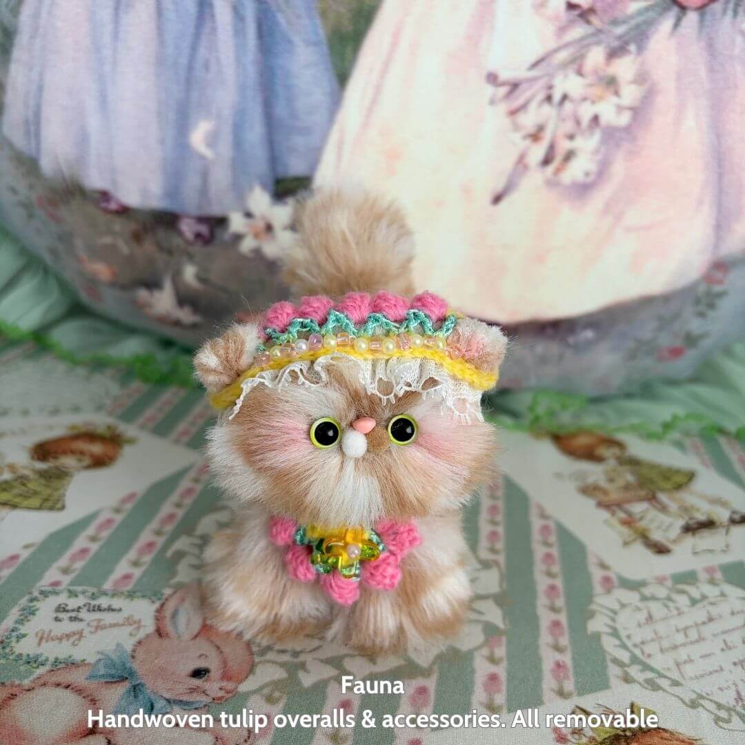Spring Love Limited Collection handmade kitten in tulip overalls, fluffy pink fur, cute accessories, charming pose.