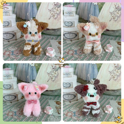 Handmade Devon Rex plush toys with unique furry designs and bows