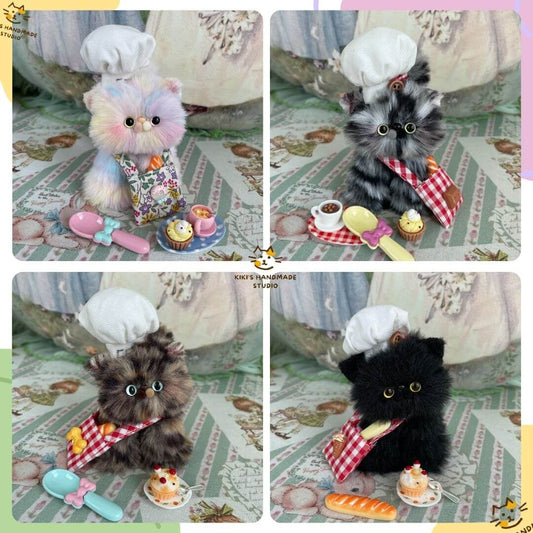 Purrfect Chef Kitten Sets showcasing handmade kittens in chef hats and aprons, colorful fluffy figurines with miniature cooking tools.