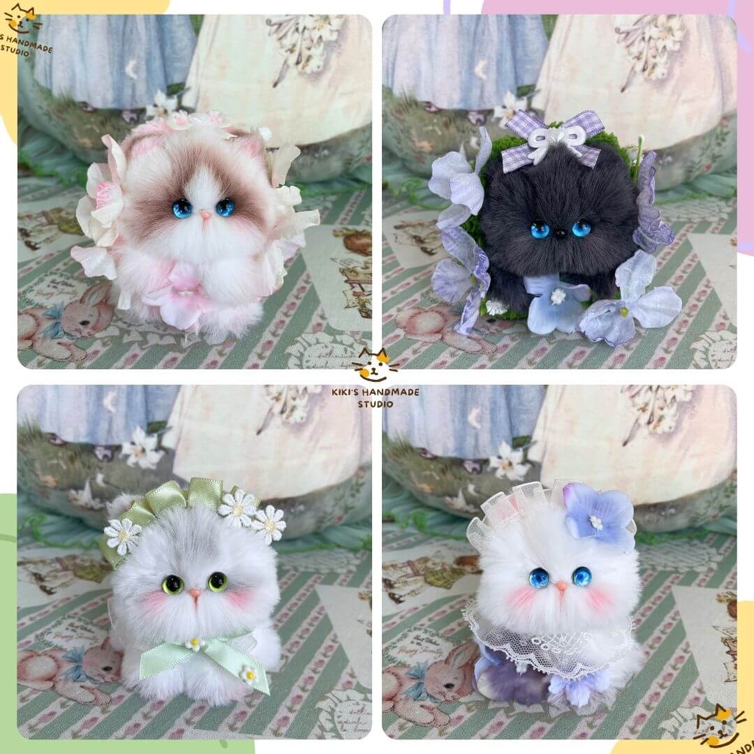 Blossom Kitten Collection - Adorable handmade kittens in pastel colors with floral accents and bows, crafted in the UK.