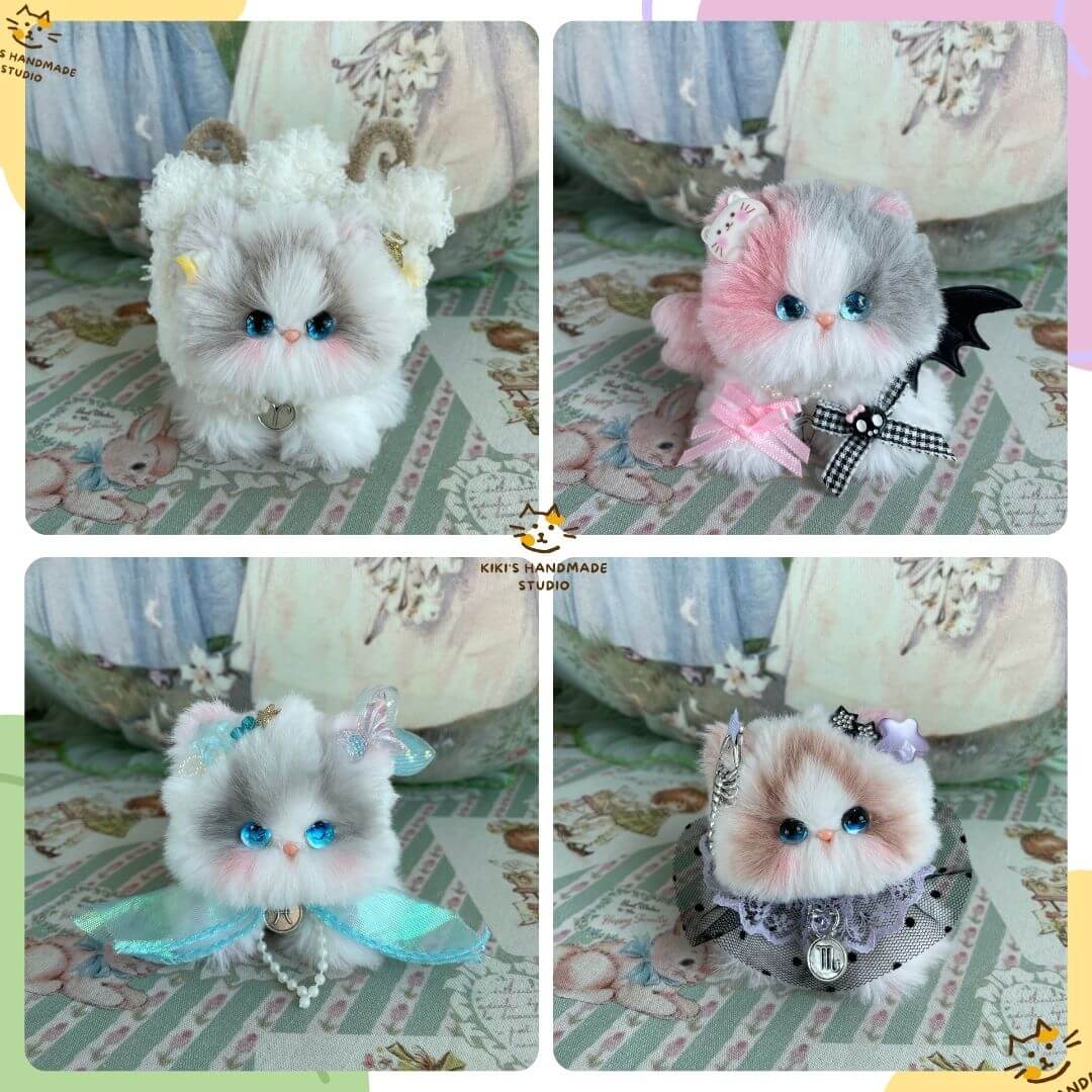 Handmade Zodiac Kitten plush toys display with zodiac-themed accessories: horns, wings, and charms on a pastel backdrop.