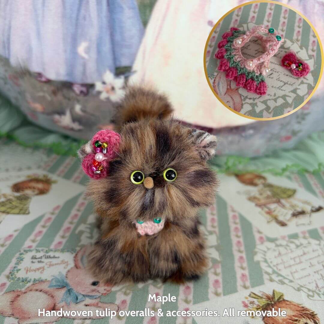 Spring Love Limited Collection handmade kitten featuring fluffy fur, cute tulip overalls, and removable accessories.