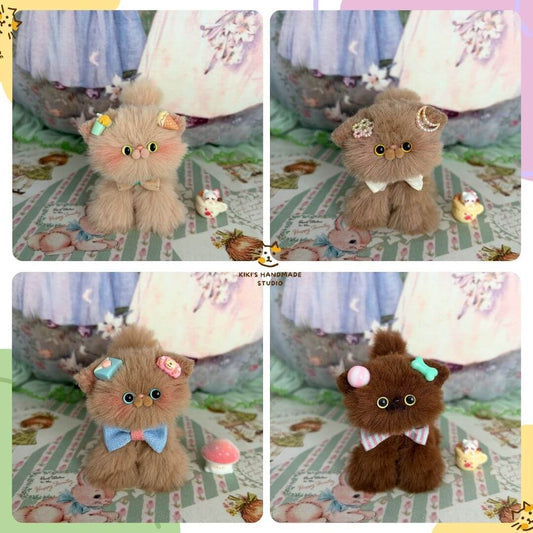 Brown Kitten Collection: cute handmade kittens, fluffy cat figurines with dessert accessories in pastel colors, playful poses.