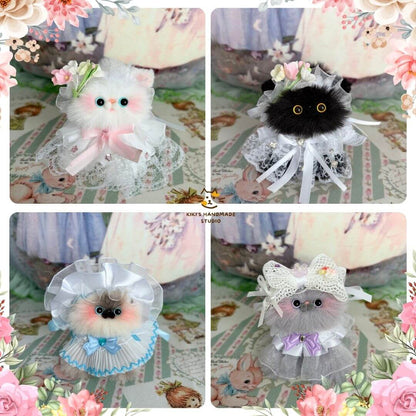 Handmade kittens from Petals & Whispers Collection featuring fluffy cat figurines in pastel dresses, showcasing kawaii style and delicate florals.