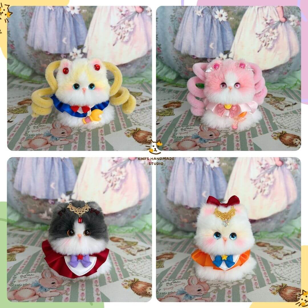 Moonbound Companions: four handmade kittens in vibrant colors with adorable accessories, showcasing their fluffy charm and fantasy theme.