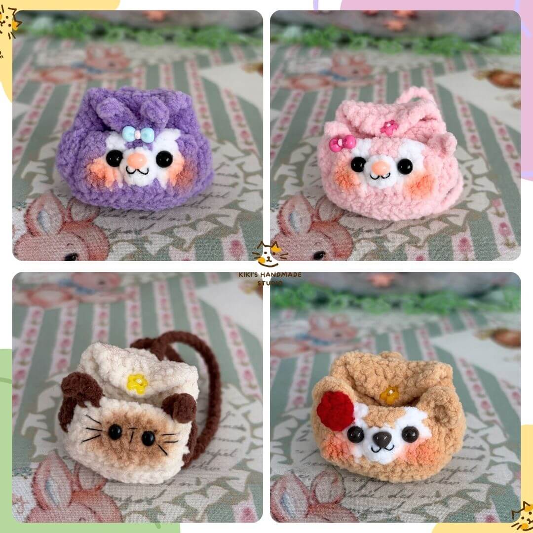 Handmade Mini Backpack collection featuring cute animal designs, including fluffy kitten and kawaii cat styles in pastel colors.