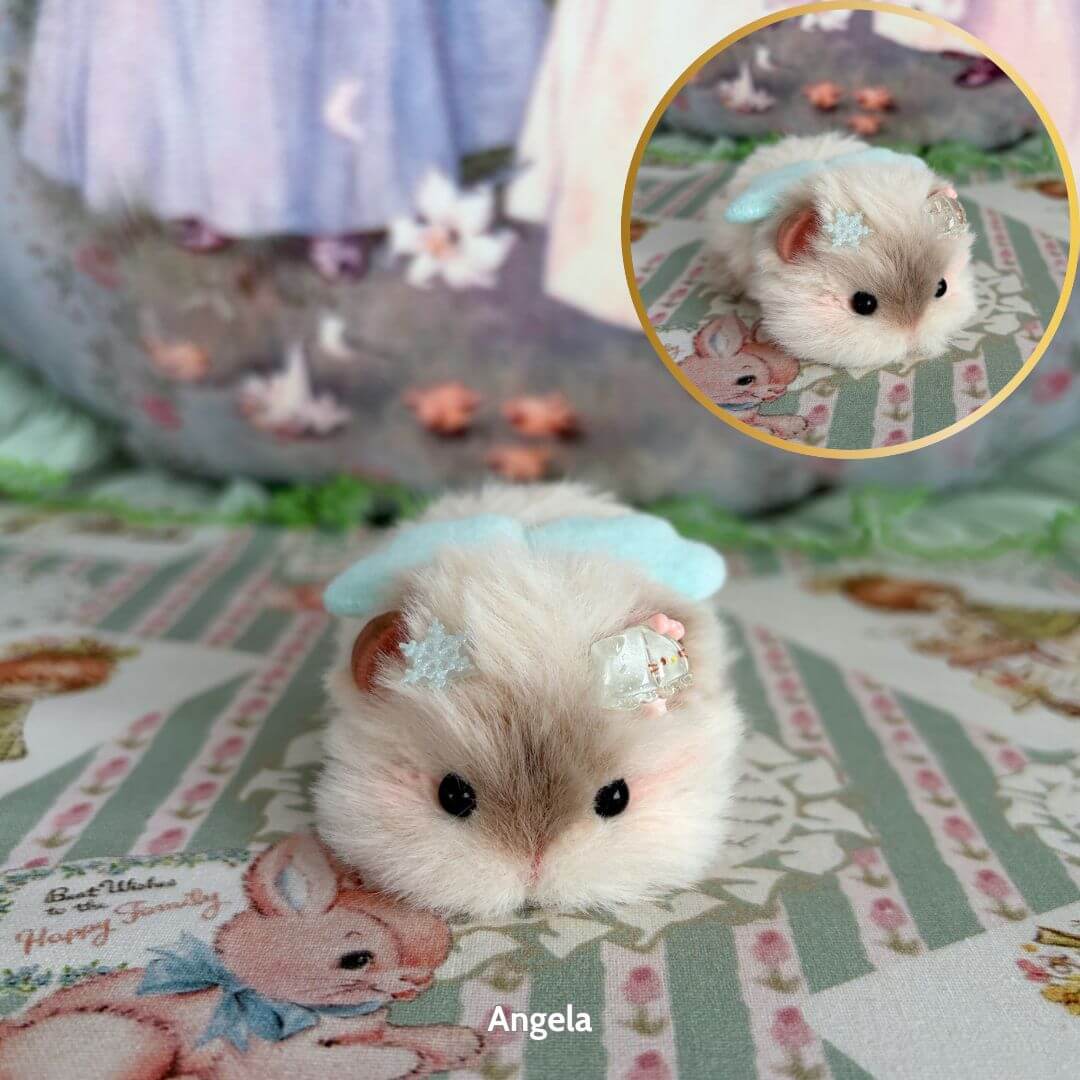 Lying Hamsters Figurines in fluffy white and beige, with blue wings and floral accessories, showcasing a cute animal collectible style.
