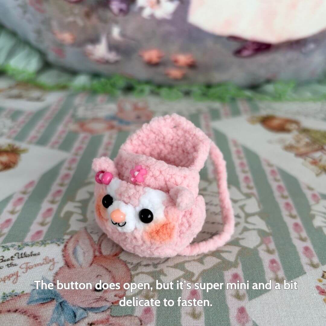 Handmade Mini Backpack featuring a cute pink fluffy kitten design with button closure, perfect for miniature cat decor.
