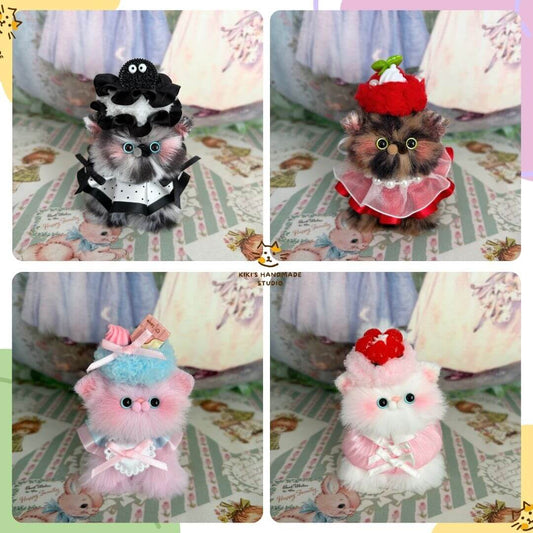 Sweet Treat Kitties showcasing fluffy kittens in dessert-inspired costumes: black and white maid, strawberry, pink with cherry, and blue with toppings.