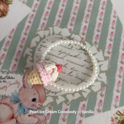 Cute Pearl Ice Cream Crossbody bag featuring a vanilla ice cream cone, perfect accessory for Snuggle Bits handmade kitten.