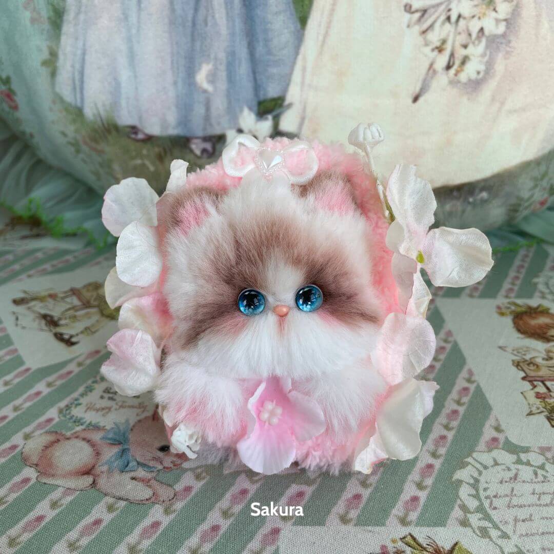 Adorable Blossom Kitten Collection miniature cat, fluffy pink kitten with blue eyes and floral accents, handmade in UK